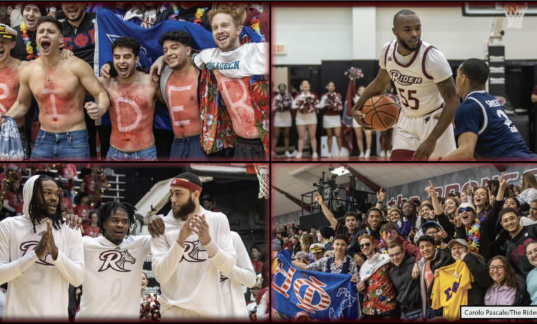 Photo collage of Rider basketball players and fans