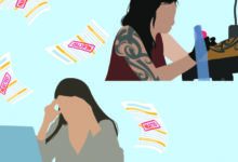 Graphic of tattoo artist and frustrated woman with Rejection letters