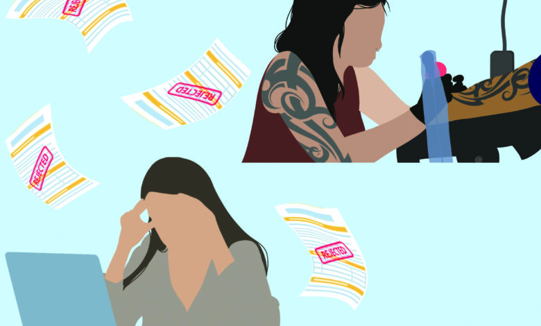 Graphic of tattoo artist and frustrated woman with Rejection letters