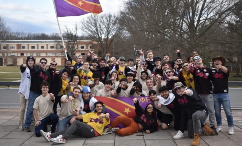 The brothers of Sigma Phi Epsilon welcome their new members on bid day.
