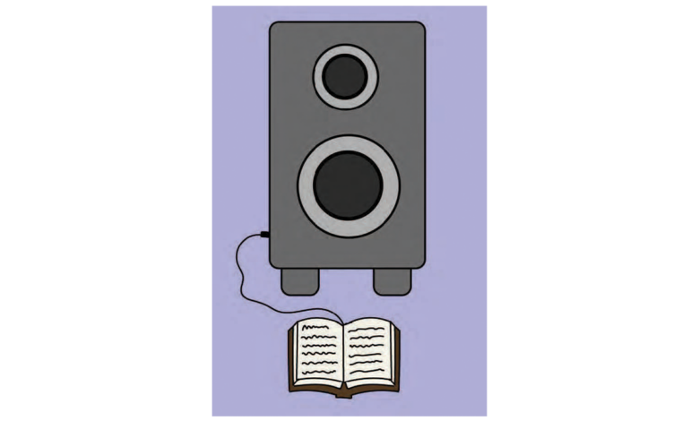 Illustration of book plugged into speaker