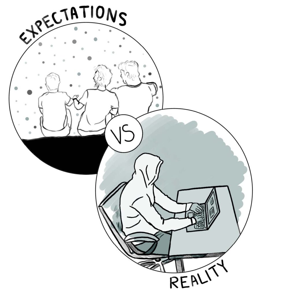 Graphic of Expectations of students gathering vs reality of one student on laptop