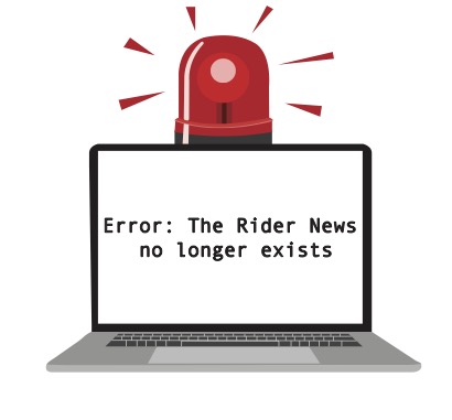 Graphic of a laptop with a red light on top and an error message, saying the rider news no longer exists.