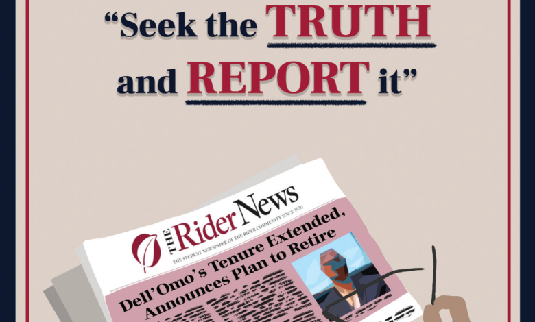 The Rider News "Seek the Truth and Report it" with a graphic of the newspaper