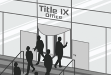 Graphic of people leaving and entering building labeled Title IX office