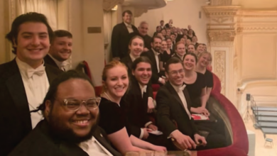 Yusef Collins-Bryant (front) poses with other students of the Westminster Choir College before a performance.