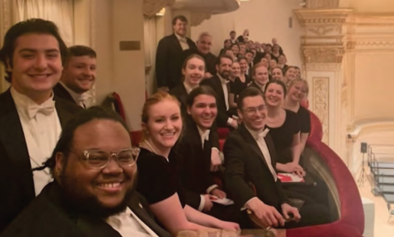 Yusef Collins-Bryant (front) poses with other students of the Westminster Choir College before a performance.