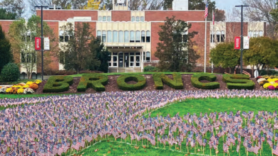 Arranged in the shape of Rider’s “R” on the Campus Mall, 8,000 American flags honor those who lost their lives fighting.