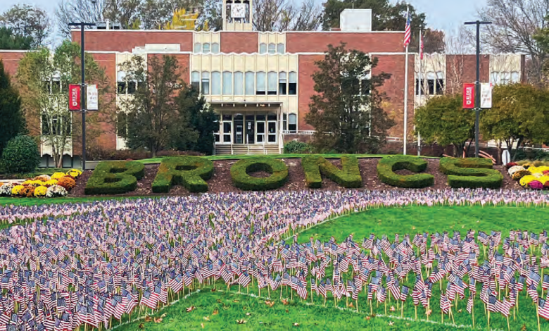 Arranged in the shape of Rider’s “R” on the Campus Mall, 8,000 American flags honor those who lost their lives fighting.