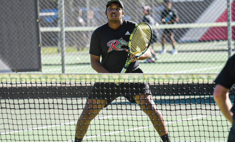 Sophomore Dylan Lachmanen plays tennis