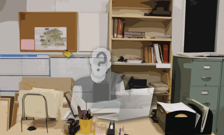 Picture of an office with a graphic of a person with a question mark sitting at desk