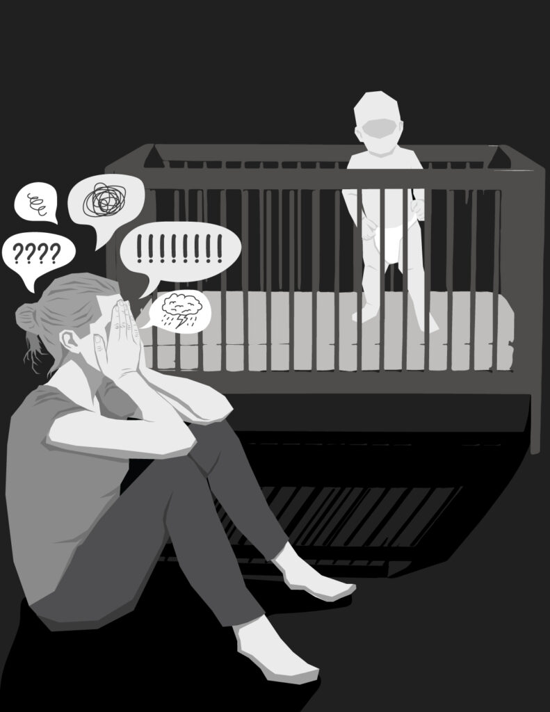Graphic of emotional mom next to crib with baby