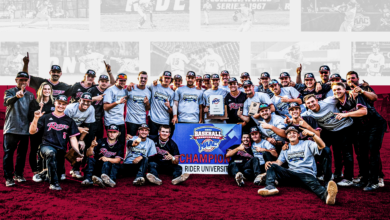 Rider baseball poses with its 2023 championship banner. The Broncs have won two of the last three MAAC Championships.