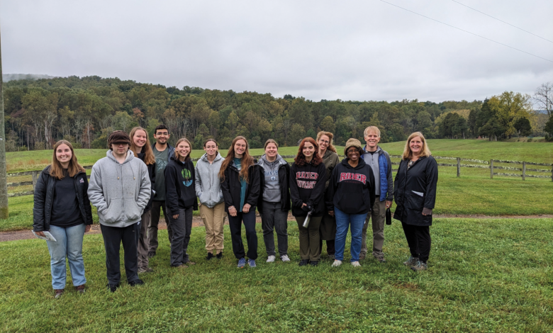 Students in Daniel Druckenbrod’s (second from right) Environmental Fiel Methods and Data Analysis class spend time collecting data at James Madison’s Montpelier plantation.