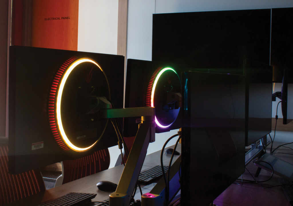 When students pass the game design lab, they can see colorful rings on the backs of the new monitors.