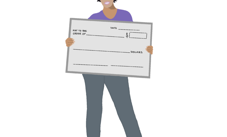 Graphic of woman holding big check