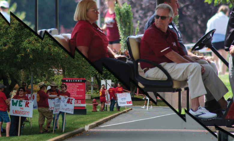 President Gregory Dell’Omo watching the faculty union picketing event during new student move-in.