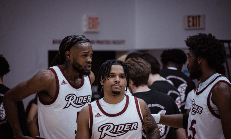 Senior forward Mervin James (left), senior guard Corey McKeithan (middle) and graduate student guard T.J. Weeks Jr (right) hit the floor. Photo by Josiah Thomas/The Rider News