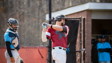 Graduate student infielder Luke Lesch takes a practice swing. Photo by Josiah Thomas