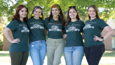 The Eco Reps (from left to right) Alexis Burns, Maddy Beucler, Bailey Poe, Bailey Adams and Skyler O’Kelley pose together for a picture