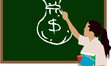A teacher points to a chalk board with money drawn on it.