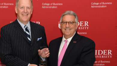 James Bush and Rider President Gregory Dell’Omo after the inaugural Rider School of Business Hall of Fame honor. Bush was one of the first recipients.
