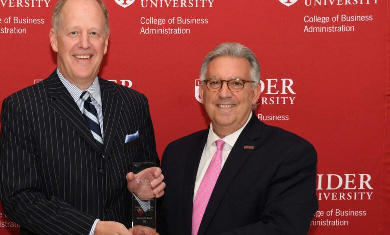 James Bush and Rider President Gregory Dell’Omo after the inaugural Rider School of Business Hall of Fame honor. Bush was one of the first recipients.