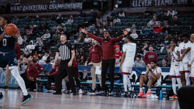 Jason Thompson ‘07 and the Broncs’ frustration was present on March 14 as they fell once again to Saint Peter’s in the MAAC tournament. Josiah Thomas/The Rider News