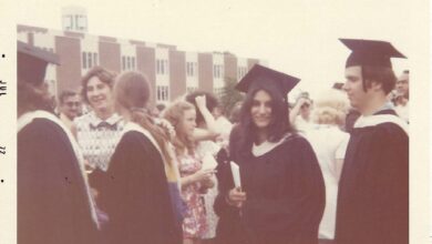 Joan Mazzotti graduating from Rider in 1972, with the campus in the background.
