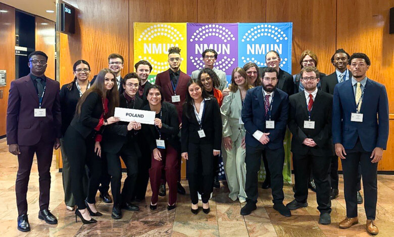 Students stand together at the Model UN competition in NYC.