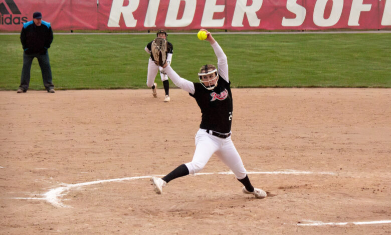 Sophomore pitcher Fallyn Stoeckel fires one in the box. Photo by Maggie Kleiner/The Rider News