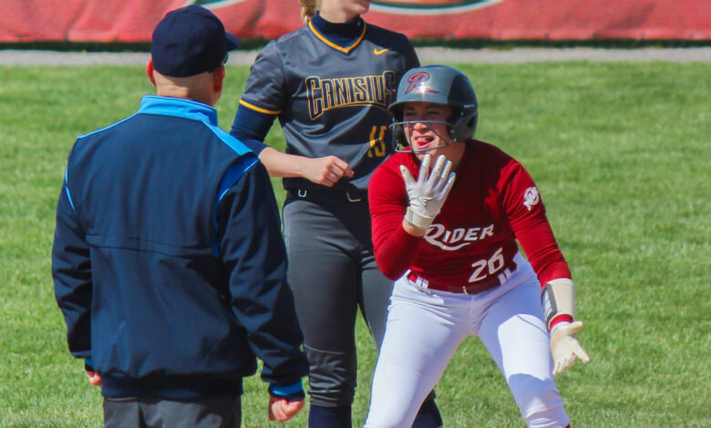 Sophomore outfielder Maddie Luedtke celebrates as she reaches second base. Photo by Maggie Kleiner/The Rider News