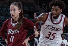 Senior guard Mariana Cos-Morales (left) and guard T.J. Weeks (right) were in attendance at the Oct. 8 MAAC Tipoff