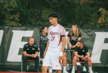 Graduate student midfielder Adel Al Masude stares down the pitch. Photo by Josiah Thomas