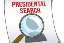 Magnifying glass over a piece of paper that says 'Presidential Search.'