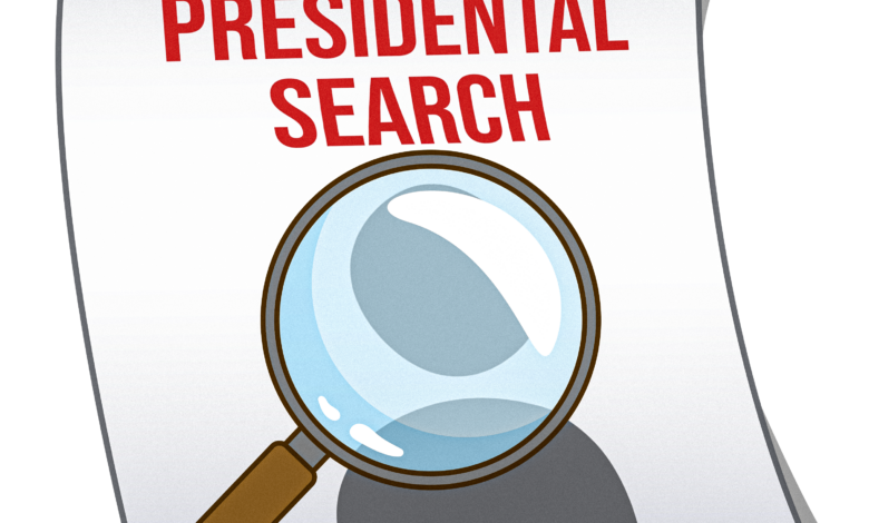 Magnifying glass over a piece of paper that says 'Presidential Search.'