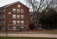 The outside of Poyda dorm hall pictured.