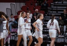 The Broncs head back onto the floor after a timeout. Photo by Josiah Thomas/The Rider News