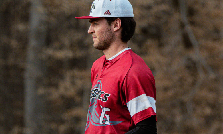 Freshman first baseman Charley Magoulick awaits the pitch at first base. Photo by Josiah Thomas/TheRiderNews