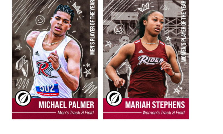 Senior sprinter Mariah Stephens and junior jumper Michael Palmer are your Rider News Players of the Year! Photo by Josiah Thomas and courtesy of Pete G. Borg/TheRiderAthletics Graphic by Josiah Thomas/TheRiderNews