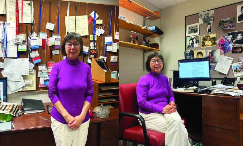 (Grace Bertrand/The Rider News) Librarian Sharon Yang stands next to two different walls in her office displaying her professional achievements (left) and one displaying family photos.