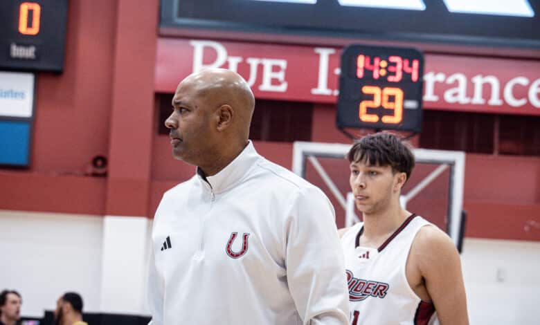 Sophomore forward Cole McCabe reached a new career high of 12 points in the Dec. 4 game at Merrimack University. Photo by Josiah Thomas.
