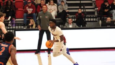 Junior guard Caleb Smith led the team with eight rebounds, three shy of his best as a Bronc. Photo by Liliana R. Basile.