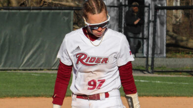Sophomore infielder Aspen Wheeler continued her hot hand with three RBIs against Saint Peter’s University. Photo by Yanuel Santos/The Rider News