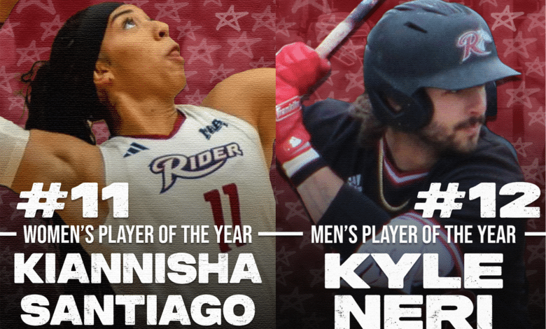 Kyle Neri of Rider baseball and Kiannisha Santiago of Rider volleyball are your Rider News men's and women's players of the year! Photos by Yanuel Santos/The Rider News and Faith Capolupo, Graphic by Yanuel Santos