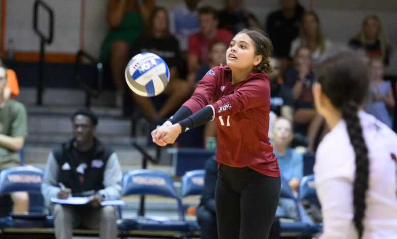Senior libero Simone Langford making a bump. Photo courtesy of Mike Tripp.