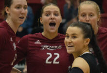 Senior right side Anja Kelly celebrating successful point for Rider. Photo by Destiny Pagan/The Rider News
