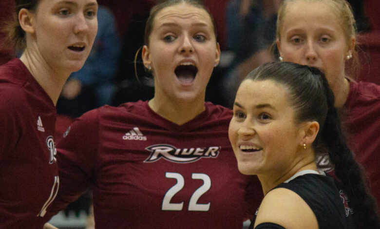 Senior right side Anja Kelly celebrating successful point for Rider. Photo by Destiny Pagan/The Rider News