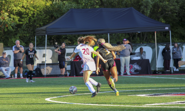 Junior midfielder Ava DeGeorge battling to the ball. Photo by Liliana R. Basille/The Rider News
