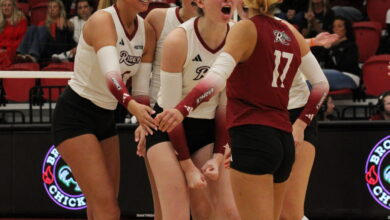 Freshman outside hitter Maisie Nawrocki celebrating a kill with her teammates. Photo by Liliana R. Basille/The Rider News.